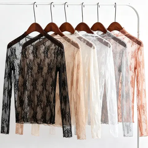 Women's Mock Neck Lace Embellishment Blouses & Shirts - 2PCS/3PCS Long-Sleeved Mesh Inner Undershirts with Ruffled Edge, Summer Collection, 5 Colors, Lace Long Sleeve Top