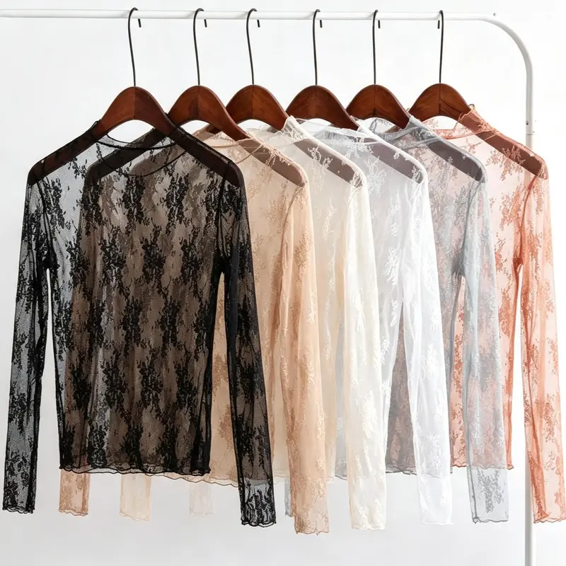 Women's Mock Neck Lace Embellishment Blouses & Shirts - 2PCS/3PCS Long-Sleeved Mesh Inner Undershirts with Ruffled Edge, Summer Collection, 5 Colors, Lace Long Sleeve Top