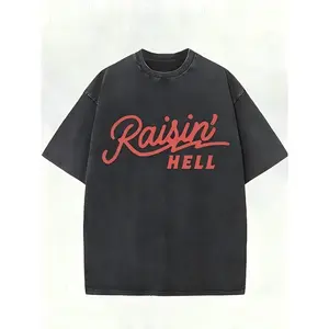 heavy-duty cotton street style T-shirt - Vintage washed 'Raisin' HELL' pattern print, round neck short sleeve, casual summer shirt, machine washable