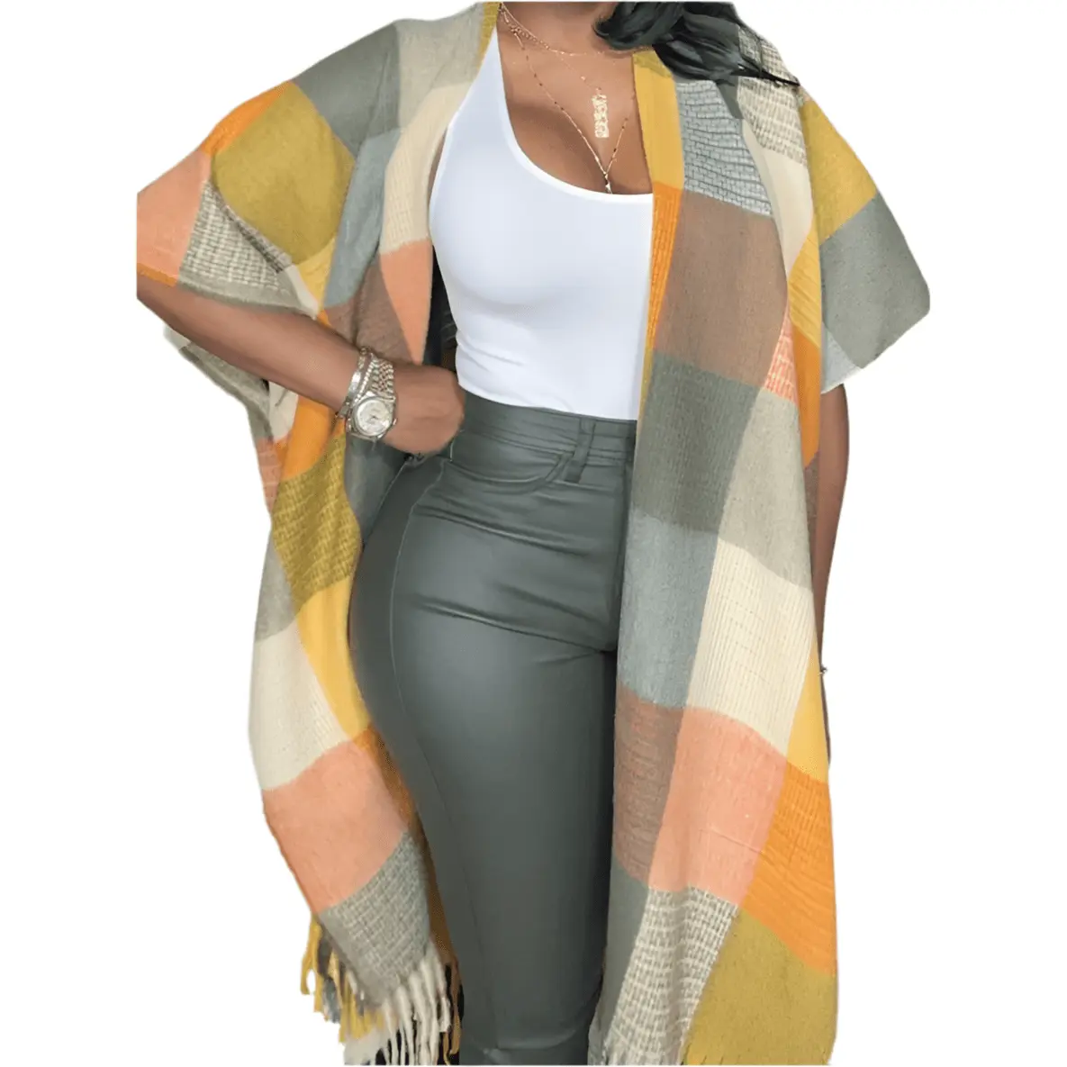 Women's Comfy Plaid Cardigan Kimono Coat Sweater (S-3X) - Soft, Warm, Elegant, Chic, Budget-Friendly, Fringed, Everyday Style, Lightweight, Good Fit Jeans-Pairing Ready for Spring, Fall (Navy Blue, Burgundy, Mustard Yellow, Orange, Beige)