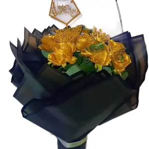 Artificial Rose Bouquet Gold Roses in Black Wrap with Elegant Design and Green Glitter Decorative Flowers