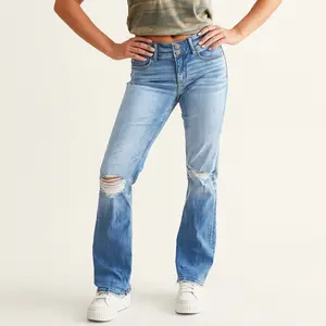 1 pair low-rise jeans with double buttons, slight flare, American hot-girl style, stretchy slim fit + light blue gradient wash + back pocket distressed design, street/music festival wear for American women thunder thigh