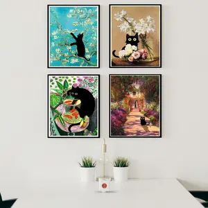 6pcs DIY Black Cat Diamond Art Painting Matisse Van Gogh 5D Round Diamond Digital Painting Kit  Living Room Bedroom Decoration Handmade Gifts Handicraft