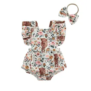 Canrulo Western Baby Girl Summer Clothes Cow Print Ruffled Sleeveless Romper Onesie Bodysuit with Headband Outfit