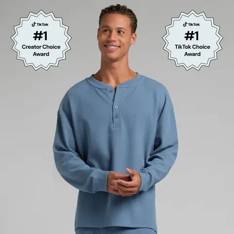 Comfrt | Waffle Lounge Henley Long Sleeve | Relaxed-Fit Button-Front Waffle Knit Top