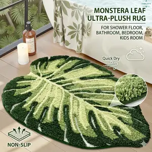 Cute Bathroom Rugs with Green Leaf Plant, Soft, Fluffy, Plush, Absorbent, Quick Dry, Non Slip, Machine Washable for Shower Floor, Bathroom, Bedroom,Kids Room, Monstera