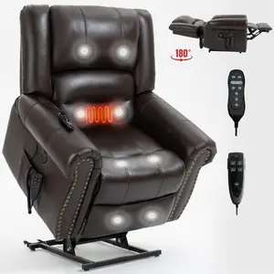 Dual Motor Power Lift Chair, Lay Flat Recliner Chair, Electric Recliner with Massage and Heat for Elderly, Remote Control, Infinite Position, Standing Assistance, USB Ports, Genuine Leather, Brown