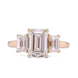 14K Yellow Gold 3 Emerald Centre 3CT Lab Diamond Women Ring