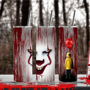 It Horror 20oz Stainless Steel Insulated Tumbler with Lid and Metal Straw Featuring Iconic Pennywise Design Drinkware Cup Mug Mug Reusable Reusable Mug Mug Portable Washable Washable Beverage Flasks