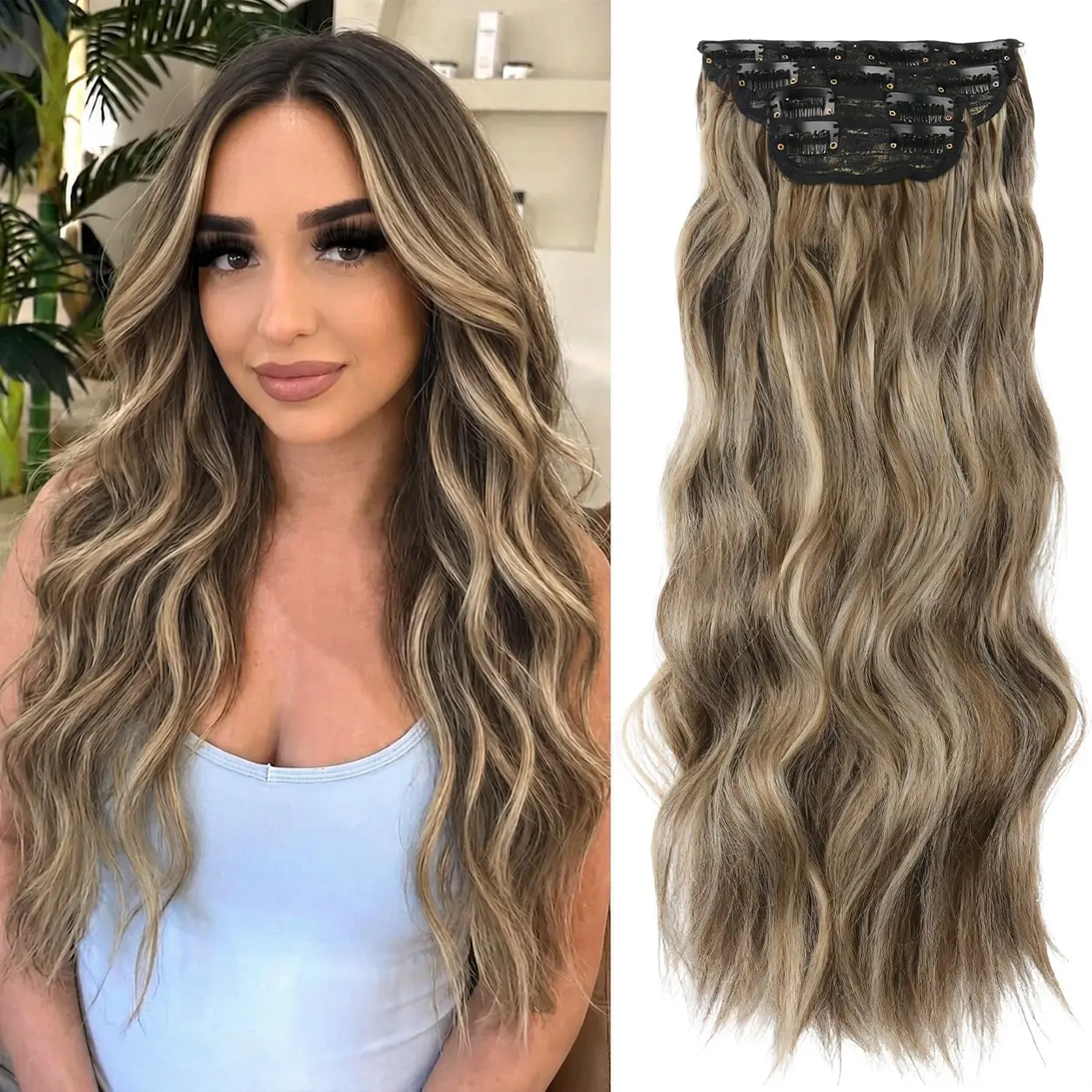Clip in Curly Hair Extensions 4PCS Long Wavy Synthetic Thick Hairpieces with Fiber Double Weft for Women Hair Full Head day comfort