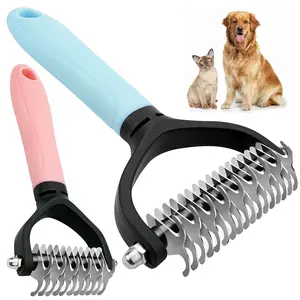 Stainless Steel Pet Dematting Comb—A Double-Sided Undercoat Rake Grooming Tool for Cats and Dogs. This highly efficient brush effortlessly removes tangles, knots, and loose fur, making it ideal for long-haired pets. outdoorfun hair