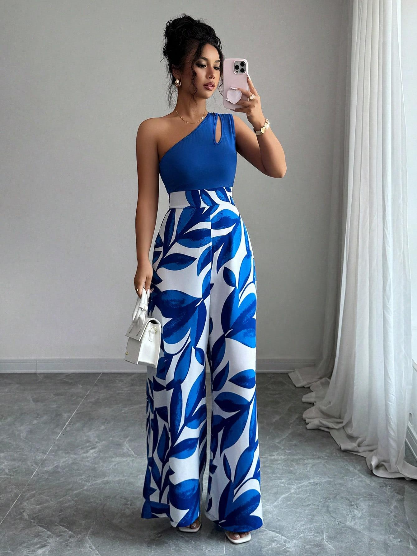 ASANDY Women's One Shoulder Cutout Wide Leg Jumpsuit Leaf Print High Waist Colorblock Casual Jumpsuit Elegant Silhouette Versatile Style Perfect For Vacation Date Night Streetwear & Daily Looks