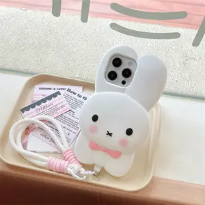 Miffy Cartoon Phone Case Casing with Wrist Strap Accessories for iPhone 17 16 15 14 13 12 Pro Max Silicone Shockproof Protective Protector Case Phone Protective Cover