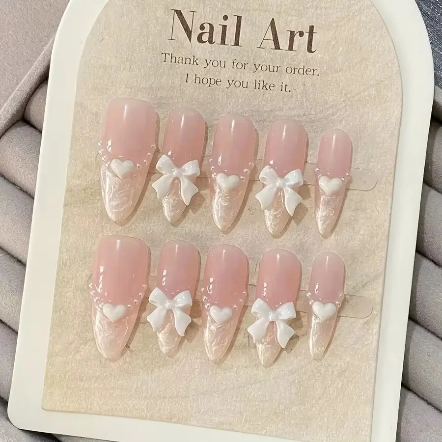10pcs high-end pearl heart-shaped bow pink handmade fake nails, Medium-length women's nail patches, Glossy fake nails, Almond shape nails, Press On Nail, Decorative Nails