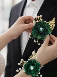 2pcs/Set Dark Green Beaded Brooch And Wristband Set With Golden Leaves, Suitable For Groom, Bride, Groomsman, Bridesmaid, Wedding Decoration, Banquet, Party