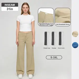 Pwest NYC Adjustable Low-Rise Wide-Leg Jeans — Adjustable Drawstring Waistband/Hem, Relaxed Straight Cut, Soft Daily Wear-Spring Summer