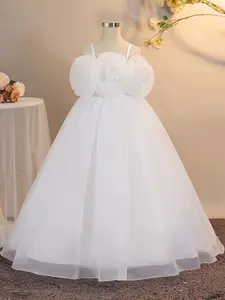 Girls bean paste pink Tulle Dress long skirt elegant design suitable for birthday party birthday gift anniversary piano performance