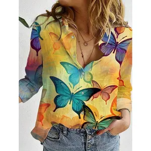 Women's Shirt, Fashionable Casual Butterfly Printed Shirt Top