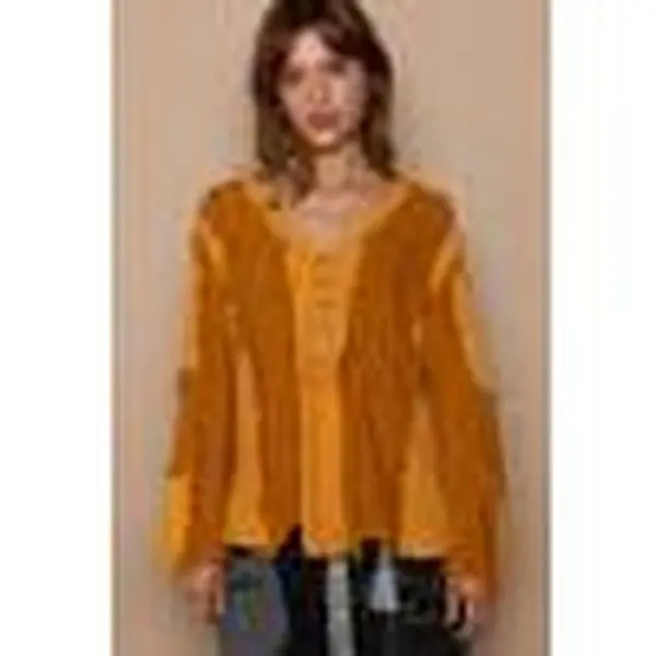 3018- Mustard Seed V-Neck Sewn Panel Long Sleeve Top