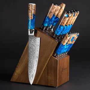 15-Piece Damascus Kitchen Knife Block Set with Acacia Wood Block - Tsunami Collection - 67-Layer Japanese VG10 Damascus Kitchen Knives, Complete Collection - Senken Knives
