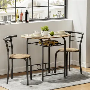 3 Piece Wood Round Table & Chair Set For Dining Room Kitchen Bar Breakfast, With Wine Storage Rack, Space Saving