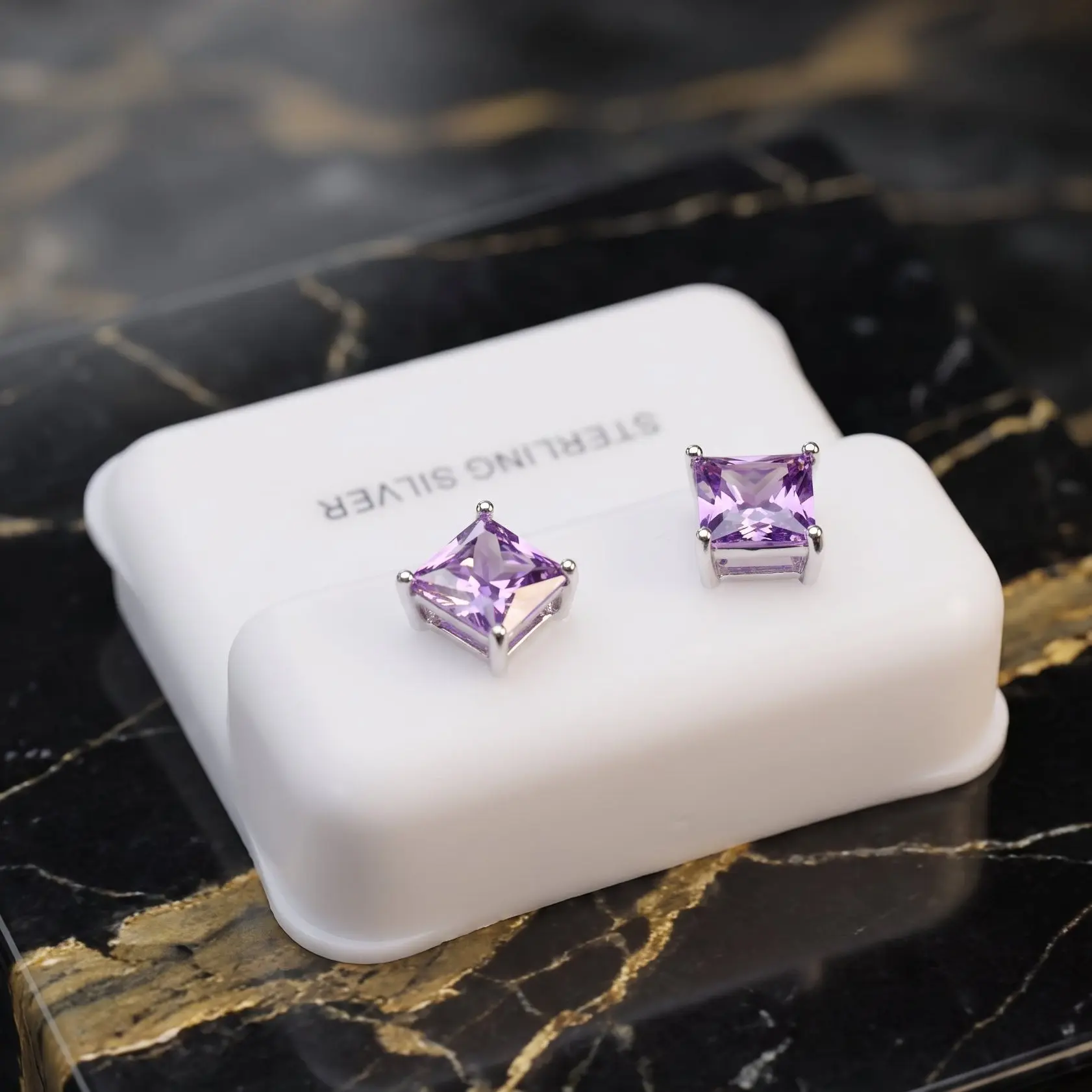925 Sterling Silver Unisex Square Princess Cut Purple CZ Stud Earrings, Everyday Spark Jewelry Accessory