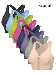 8-Pack Women's Cross Back Sports Bras, Deep V Design, Wire-Free, Medium Support, Front Zip, Yoga & Fitness, Sporty Lingerie, Summer Activewear