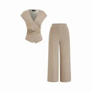 Cider V-neck Asymmetrical Hem Metal Detail Ruched Top & Mid Rise Straight Leg Trousers Set