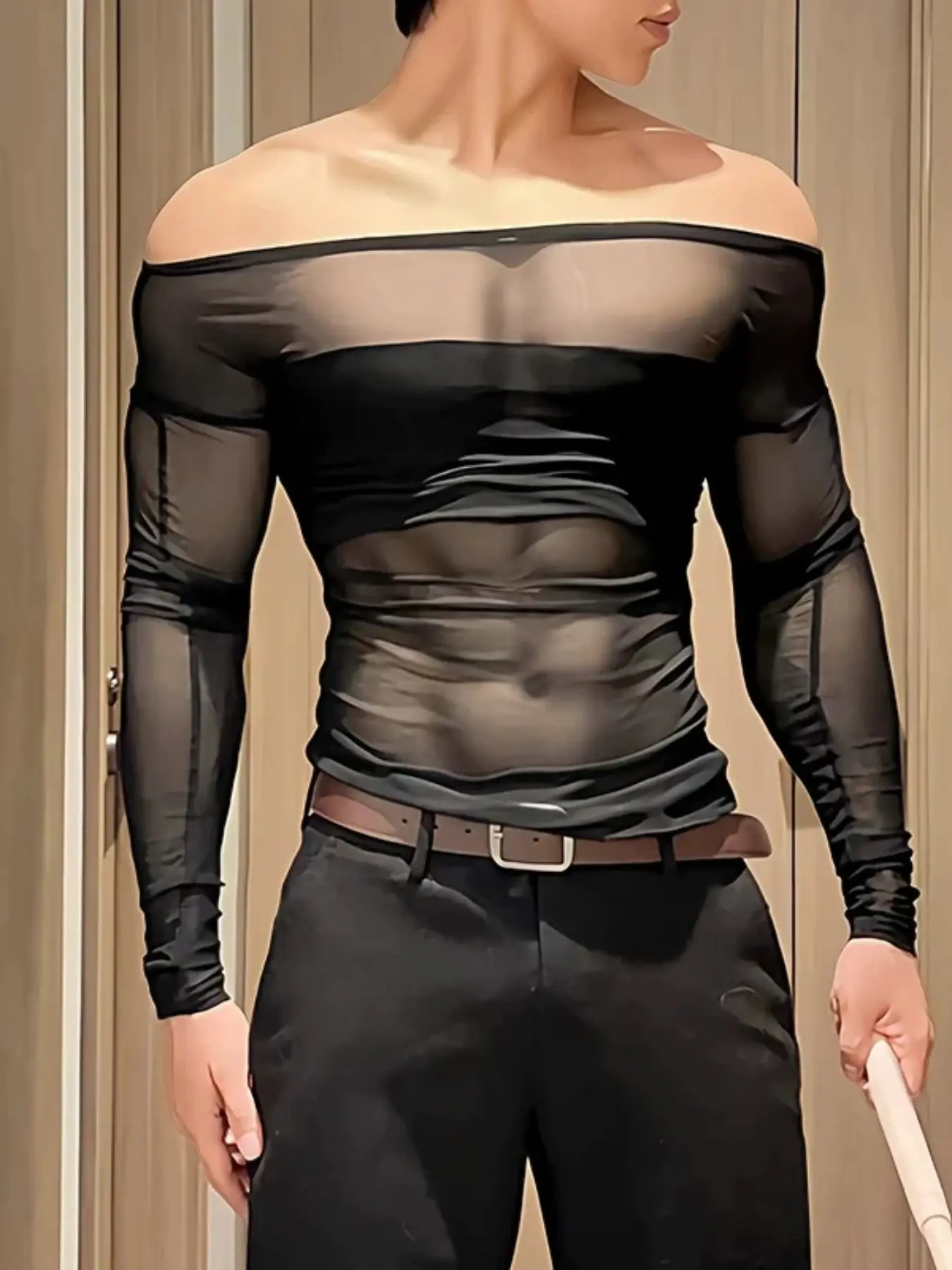 New European and American Men's One-Shoulder Mesh Long Sleeve T-Shirt, Transparent Slim Fit Top, Fashion Blouse for Men
