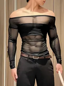 New European and American Men's One-Shoulder Mesh Long Sleeve T-Shirt, Transparent Slim Fit Top, Fashion Blouse for Men