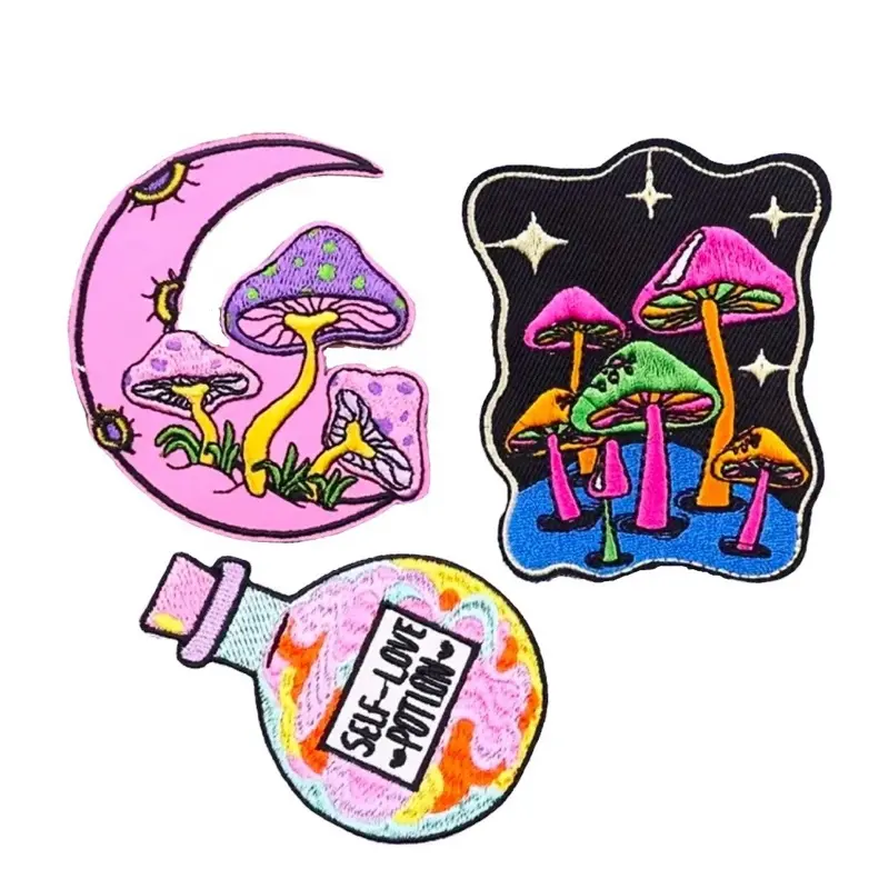 Witchy Mushroom Lunar Iron On Patches - Colorful Designs Featuring Mushrooms and Crescent Moon, Perfect for Fashion and Personalization