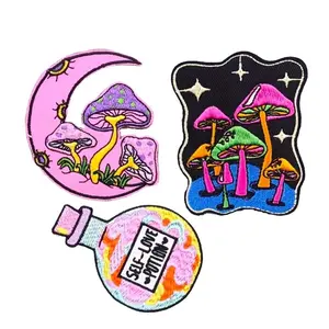 Witchy Mushroom Lunar Iron On Patches - Colorful Designs Featuring Mushrooms and Crescent Moon, Perfect for Fashion and Personalization