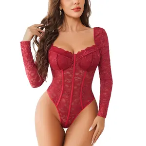 Avidlove Women's Floral Lace Bodysuits Long Sleeve Slim Fit Breathable Mesh One-Piece Outfit with Snap Crotch for Casual & Date Night