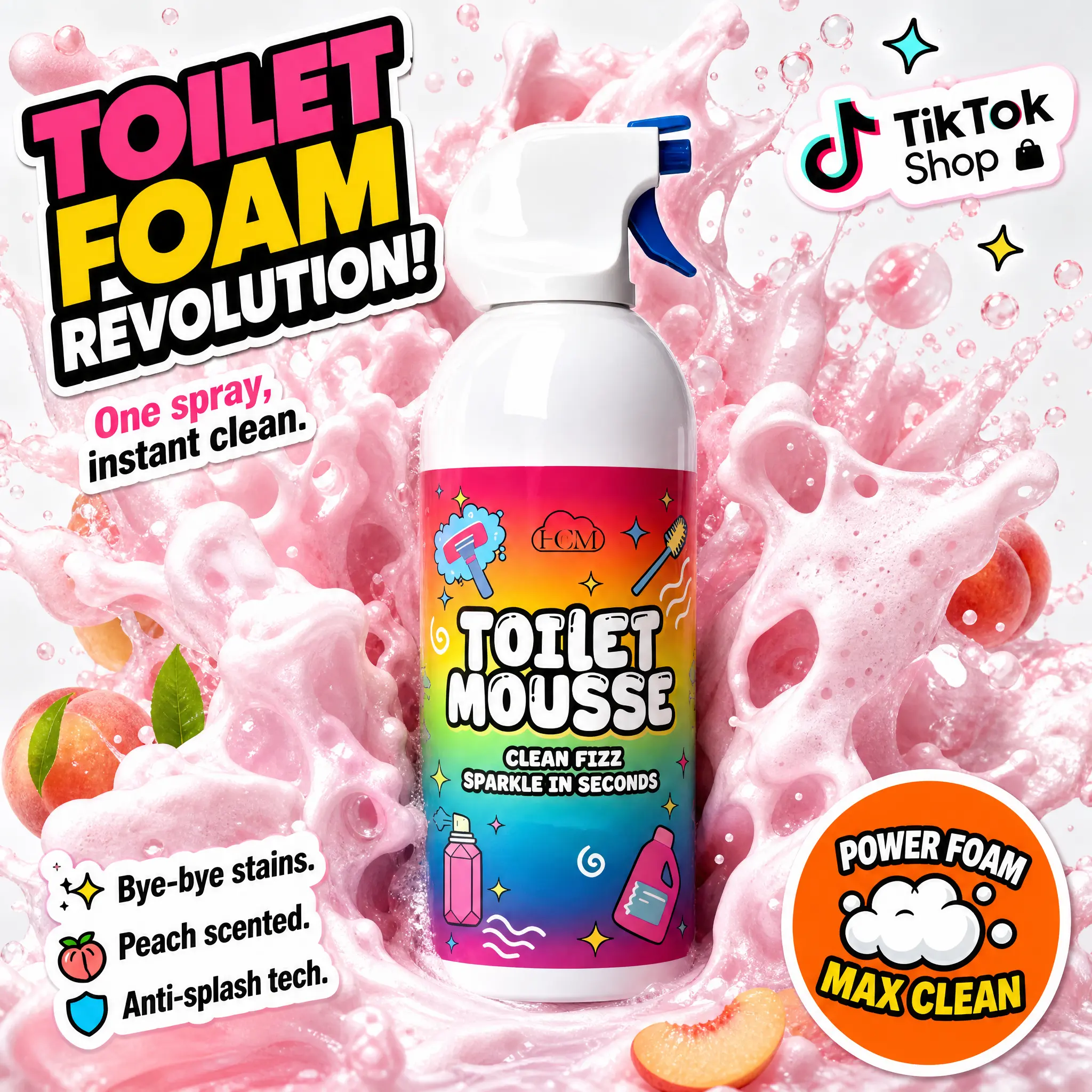 HCM Household Peachy Fresh Jet Foam Power Bathroom Cleaner - All-Purpose Toilet Cleaner, Sink & Shower Cleaner for Indoors Mildew, Scale, Rust Stain Removal, Tile Grime Dissolve