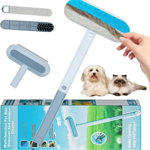 4-in-1 Pet Hair Removal Deshedding Tool, Reusable Washable Lint Cleaner with Adjustable Reach Handle Set, Furniture Safe Grooming Tool for Dog/Cat Hair Pickup on Carpets, Clothing, Bedding
