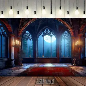 1pc 2D Flat Gothic Cathedral Moonlit Night Scene Tapestry Banner - Medieval Church Decor with Arched Windows, Candlelight Effect - No Electricity Needed, Easy Hang Gothic Backdrop for Halloween, W Hanging White Decoration