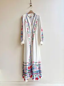 Farm Rio | White Multi-Colored Embroidered Button Up Long Sleeved Dress (Vintage)