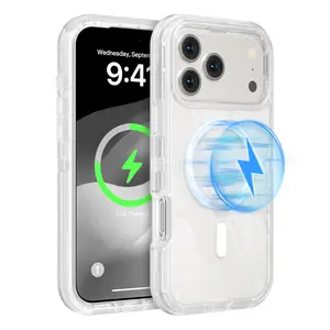 HISTORYOO 3 Layer Transparent Magnetic Case for iPhone 17 Pro Max 17 Pro Air 16 15 14 13 12 Pro Max For MagSafe wireless charging Defender Hybrid Heavy Duty Durable Shockproof Drop-Proof Front Frame Case, Clear Protective Rugged TPU+PC Cover Non Yellowing