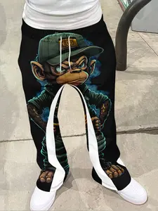 Men's Loose Fit 3D Monkey Print Flared Bell Bottoms, Casual Sporty Streetwear Pants, Hip Hop Vintage Long Pants for All Seasons