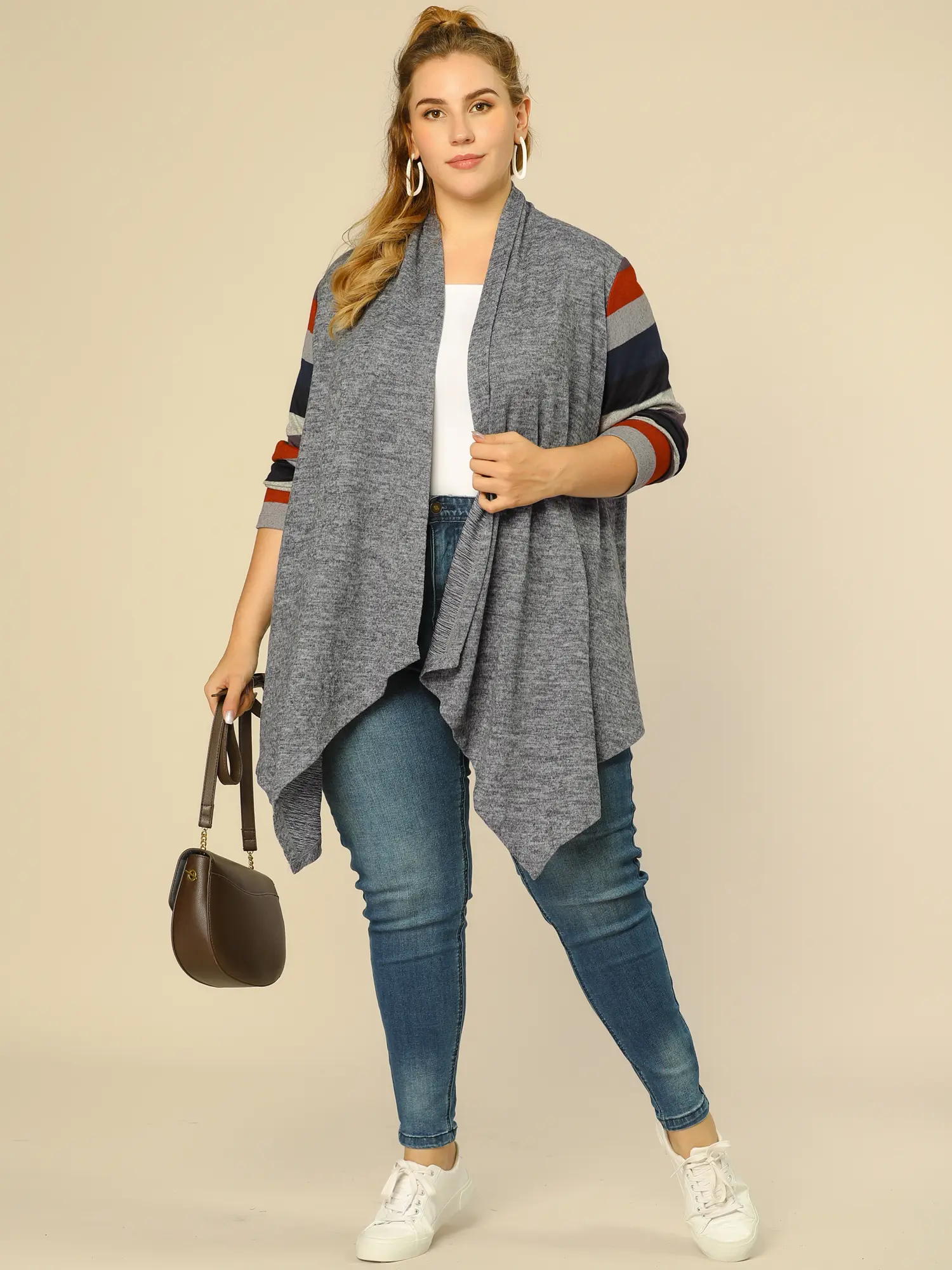 Agnes Orinda Plus Size Open Front Long Sleeve Lightweight Stripe Splicing Long Cardigans