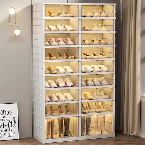 Lingrong 9-Tier Foldable Shoe Rack Organizer for Closet Plastic Shoe Shelf Collapsible Shoes Storage Box Clear Shoe Boxes Stackable