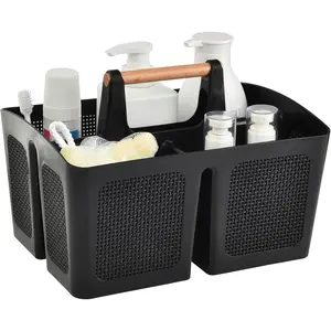 Portable Shower Caddy Basket with Compartments, Plastic Divided Cleaning Caddy Organizer Storage Tote with Handle for Bathroom, College, Dorm Room Essentials, Black