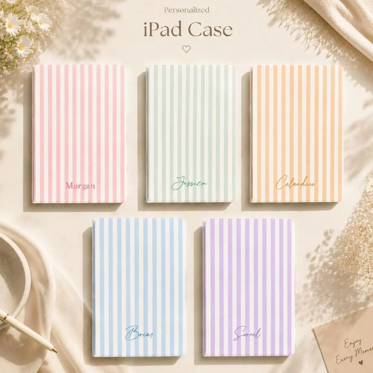Personalized Color Stripe iPad Case, Pastel Cover, Custom Name Tablet Accessory