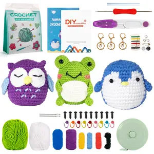 Crochet Kit for Beginners, 3 Pattern Cute Animals-Owl, Penguin, Frog, Beginner Crochet Animal Kit for Adult with Step-by-Step Instruction Tutorials and Yarns, Hook, Knitting kit