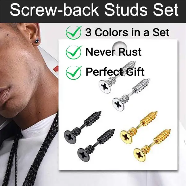 FaithHeart Punk Rock Screwback Stud Earrings for Men, 3 Pairs Set of Geometric Stainless Steel Minimalist Earrings, Screwback Earrings