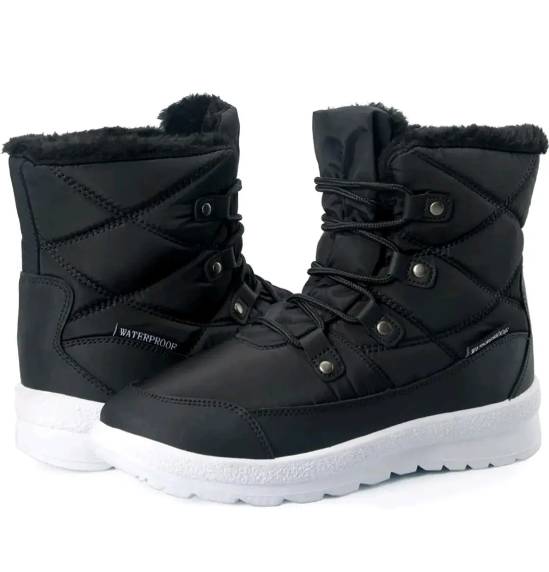 Women’s Solid Color Lace Up Front Ankle Boots, Waterproof Winter Insulated Warm Faux Fur Soft Snow Boots For Outdoor Footwear