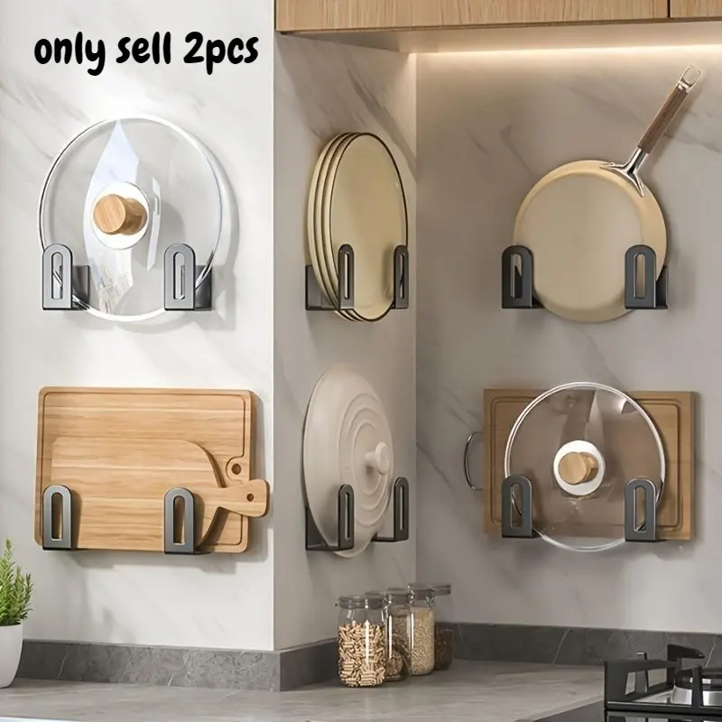 2PCS Non drilling integrated pot cover rack, kitchen multifunctional storage rack, cutting board pot cover, wall mounted storage rack, cutting board rack, vegetable board rack, Metal Storage Organizer