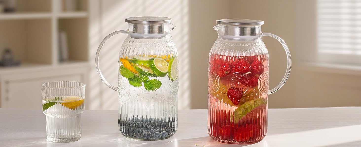Glass Pitcher with Lid, 68 oz/ 2 Liter 2Pack Vintage Water Pitcher,Glass Water Carafe for Cold Brew, Coffee, Lemonade, Iced Tea,Beverage, Heat Resistant Jug