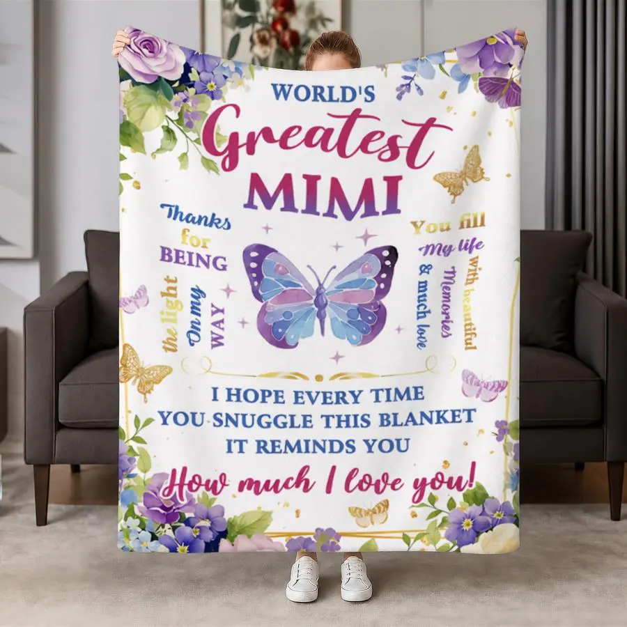 Mimi Flannel Throw Blanket - Soft Polyester, Purple And Blue Floral Design With Golden Butterflies, Machine Washable, Modern Heartfelt Gift For Grandma, Ideal For Couch & Bed