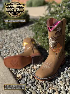 Ladies Cowgirl Square Toe Boots Butterfly Design / Botas para Dama/Mujer con Diseño de Mariposa Premium soft Leather